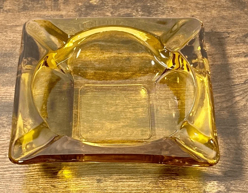 Vintage Mid 20th Century Clear Amber Glass Square Ashtray 6”